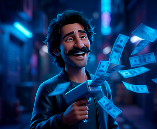 Smiling character illustrating crypto earnings and affiliate commissions on Betfun24