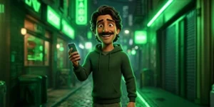 Stylized character using a smartphone in a digital environment, representing blockchain transparency