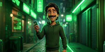 Stylized character using a smartphone in a digital environment, representing blockchain transparency