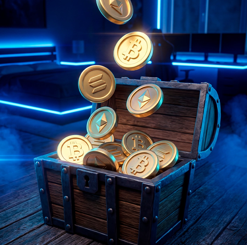 Treasure chest filled with cryptocurrency coins symbolizing live casino bonuses and promotions