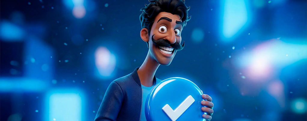 Stylized character holding a verified checkmark badge in a modern digital gaming environment