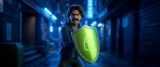 Stylized character holding a shield with a lock symbol, representing encryption and safe processing