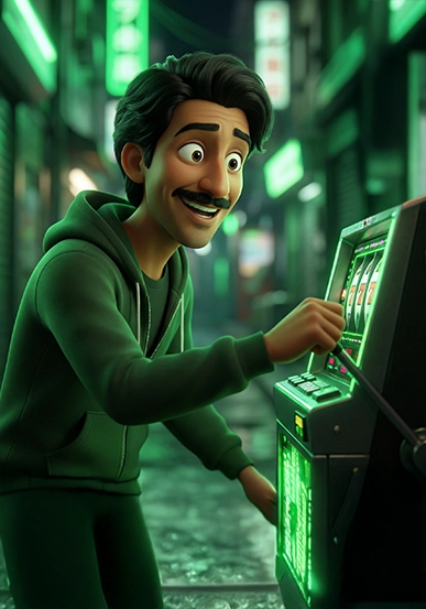 Stylized character interacting with a gaming machine, representing fair gaming and certified providers