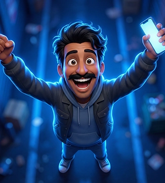 Stylized character holding a smartphone with excitement, representing how to make a deposit on Betfun24