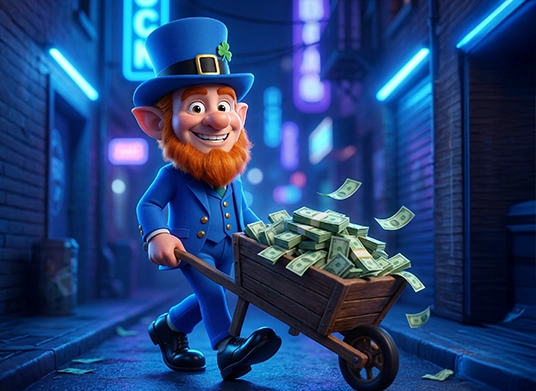 Stylized character pushing a cart of banknotes, representing mobile-optimized banking solutions