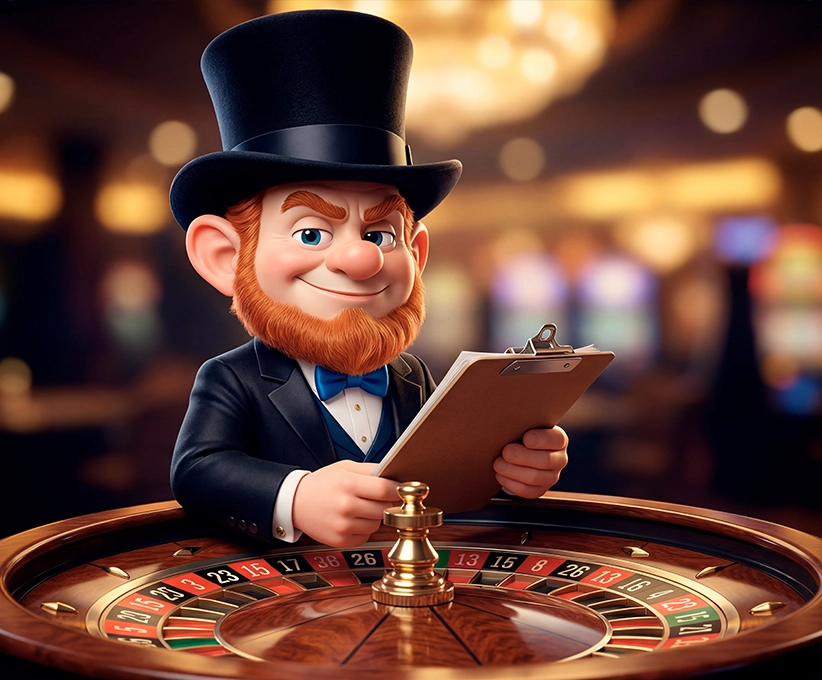 Professional casino dealer holding a clipboard behind a roulette table in a premium casino setting