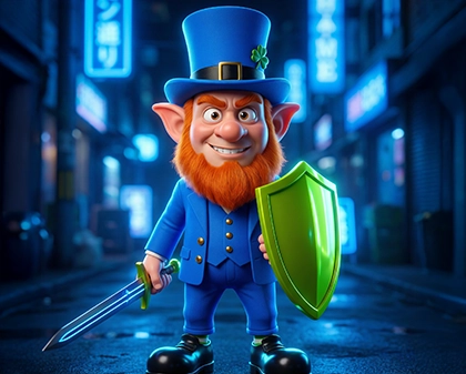 Stylized character holding a shield and sword, symbolizing security and protection on the platform