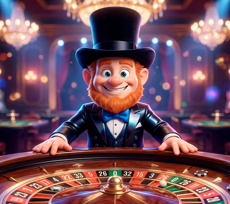 Stylized casino dealer welcoming players at a live roulette table in an elegant casino setting