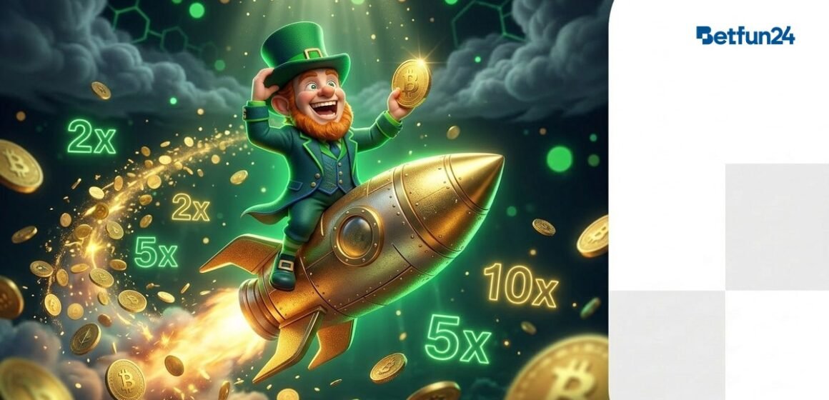 Aviator Crash Games - BetFun24 BetFun24 mascot riding golden rocket ship with multiplier numbers and coins trail