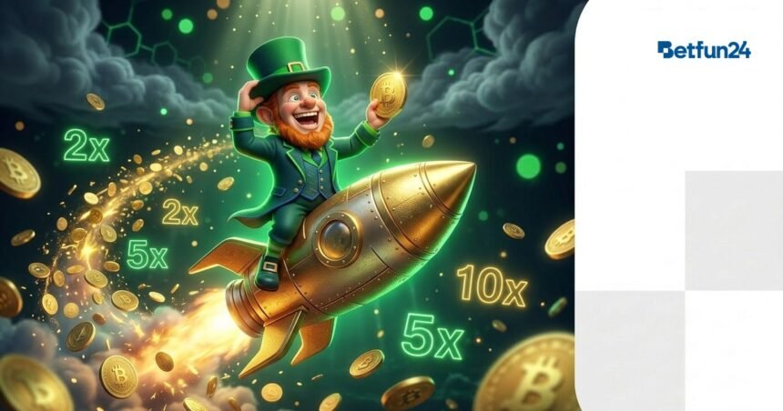 BetFun24 mascot riding golden rocket ship with multiplier numbers and coins trail