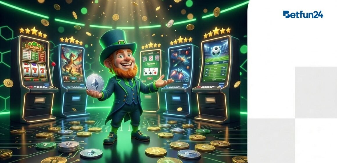 Best Crypto Casinos 2026 - BetFun24 BetFun24 mascot in front of five gaming screens with golden ranking stars crypto casino comparison