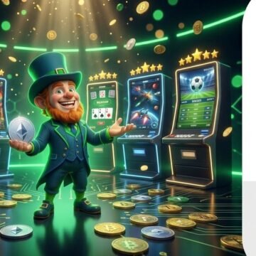 BetFun24 mascot in front of five gaming screens with golden ranking stars crypto casino comparison