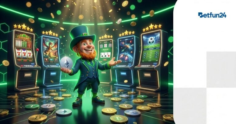 BetFun24 mascot in front of five gaming screens with golden ranking stars crypto casino comparison