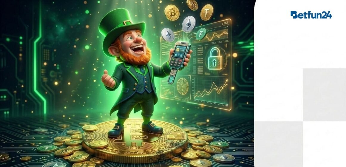 BetFun24 mascot with digital crypto wallet and floating Bitcoin Ethereum coins