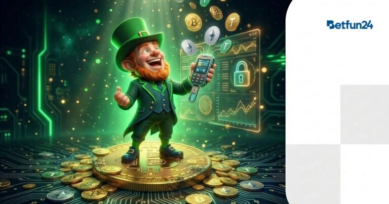 BetFun24 mascot with digital crypto wallet and floating Bitcoin Ethereum coins