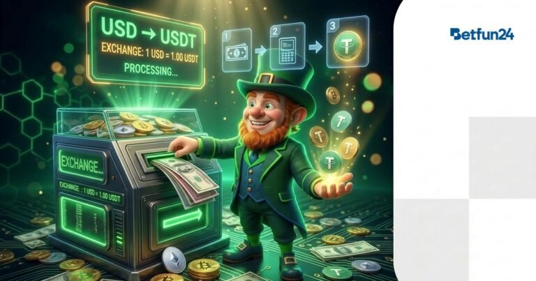 BetFun24 mascot at crypto exchange booth buying USDT Tether coins step by step