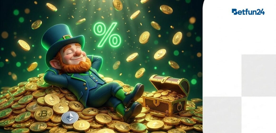 BetFun24 mascot relaxing on pile of gold coins representing daily crypto casino cashback rewards