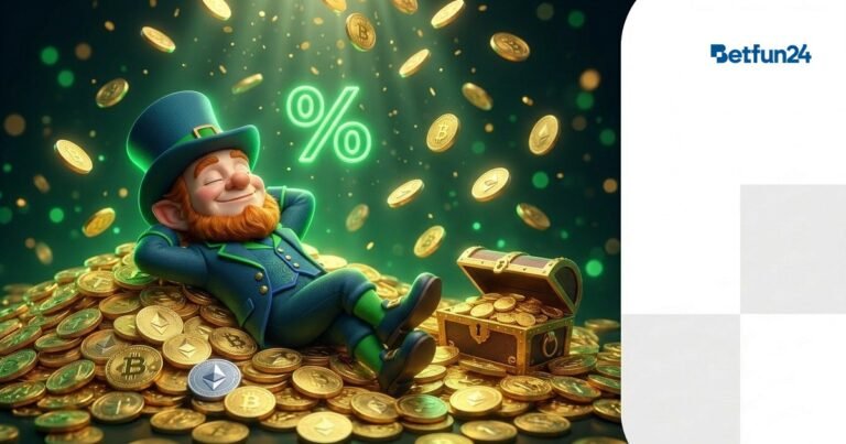 BetFun24 mascot relaxing on pile of gold coins representing daily crypto casino cashback rewards