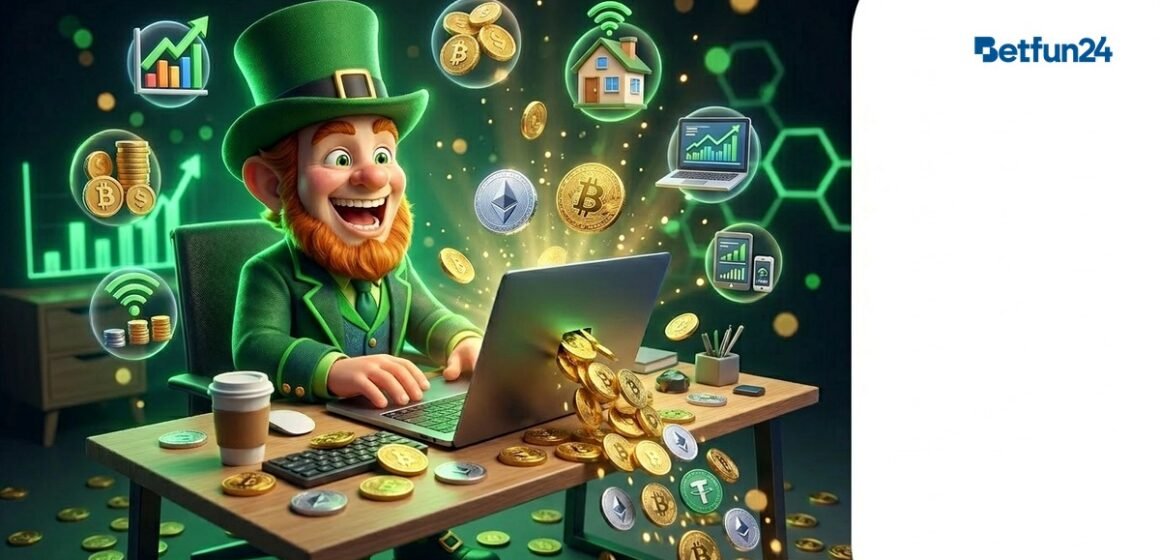 Earn Money Online 2026 - BetFun24 BetFun24 mascot at laptop with golden coins flowing from screen representing online earning