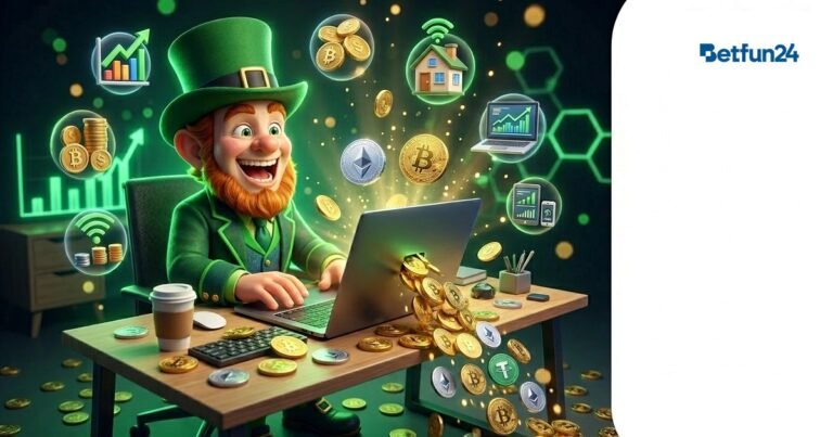 BetFun24 mascot at laptop with golden coins flowing from screen representing online earning