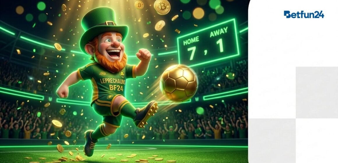 BetFun24 mascot in sport jersey kicking football in stadium with scoreboard and crowd