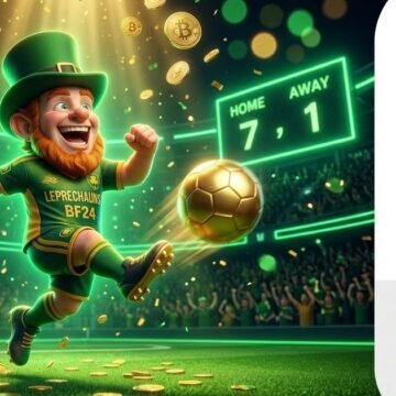 Football Betting Crypto - BetFun24 BetFun24 mascot in sport jersey kicking football in stadium with scoreboard and crowd