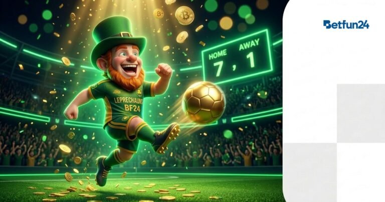 BetFun24 mascot in sport jersey kicking football in stadium with scoreboard and crowd