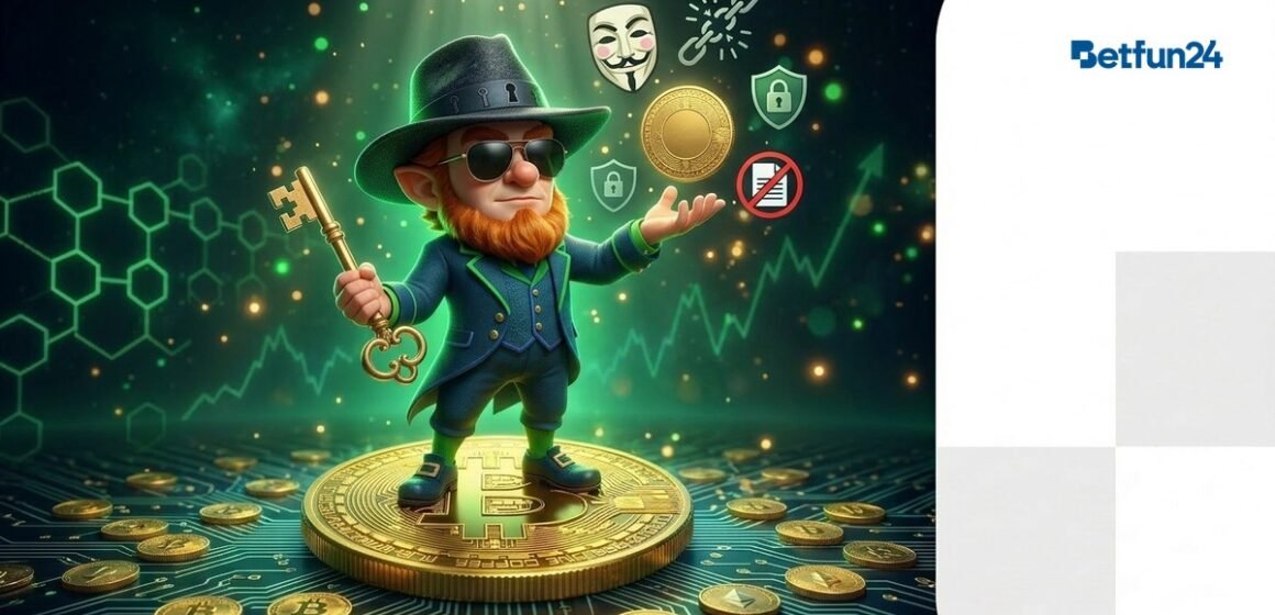 No KYC Casino Crypto - BetFun24 BetFun24 mascot with sunglasses and golden key representing anonymous no KYC crypto casino
