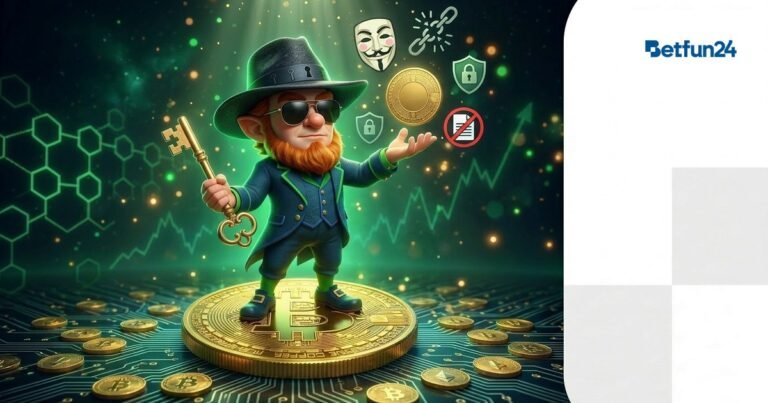 BetFun24 mascot with sunglasses and golden key representing anonymous no KYC crypto casino