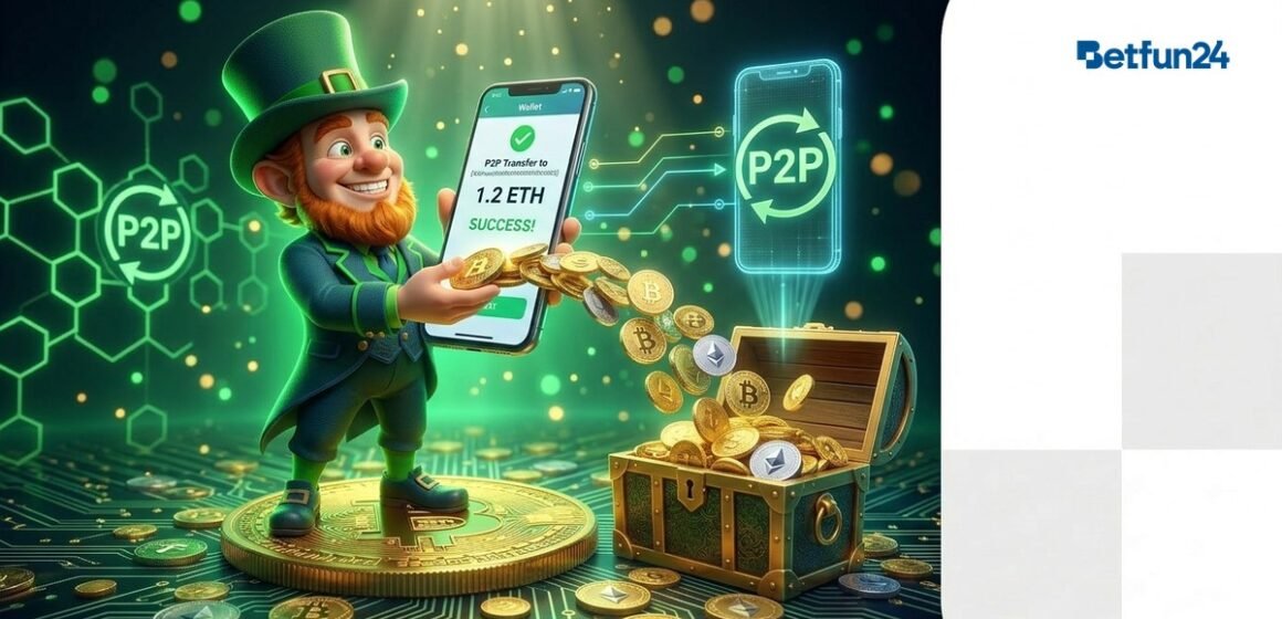 P2P Crypto Deposit - BetFun24 BetFun24 mascot with smartphone crypto wallet P2P deposit golden coins flowing
