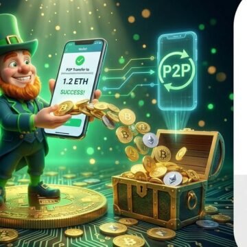 P2P Crypto Deposit - BetFun24 BetFun24 mascot with smartphone crypto wallet P2P deposit golden coins flowing
