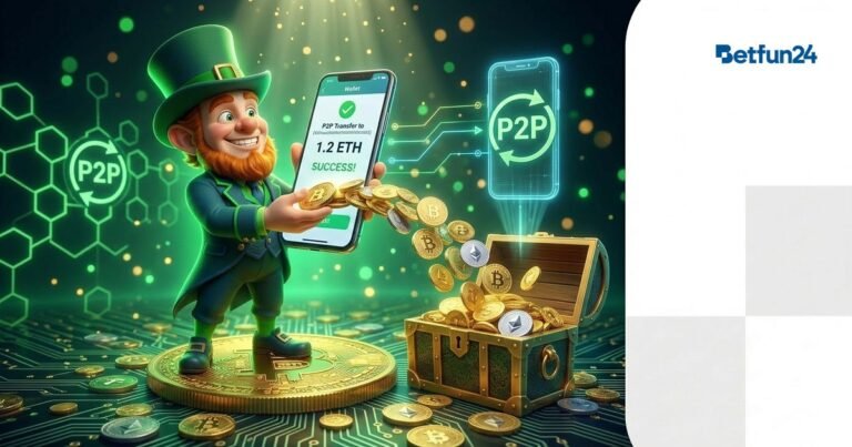 BetFun24 mascot with smartphone crypto wallet P2P deposit golden coins flowing