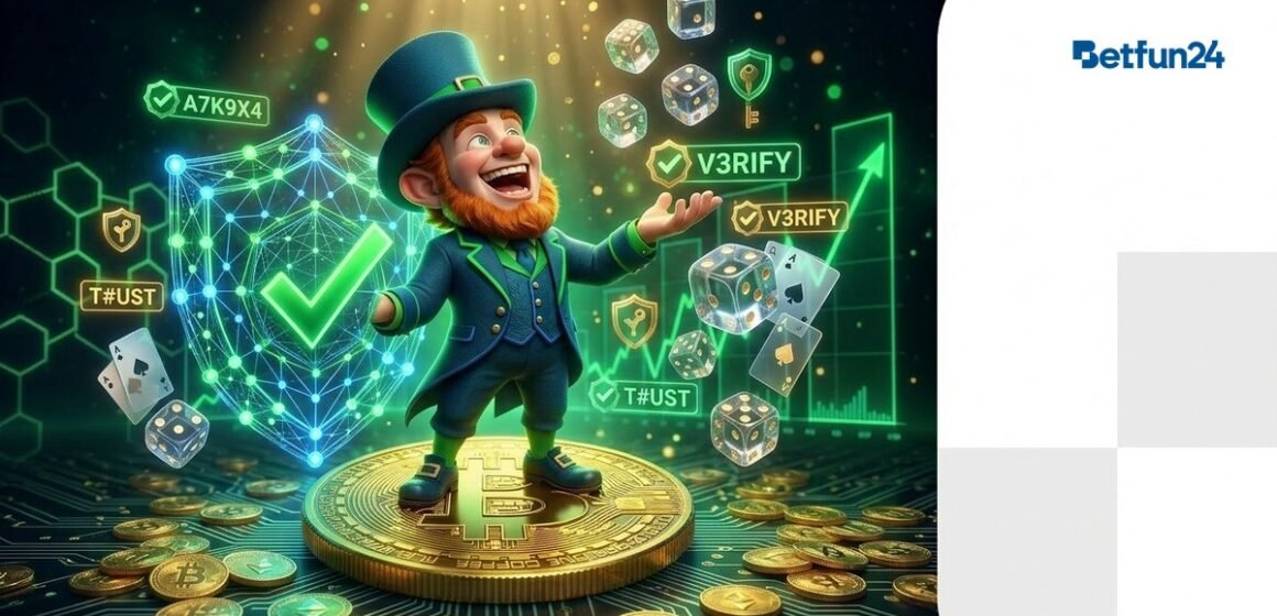 BetFun24 mascot with blockchain verification shield and transparent dice representing provably fair gaming