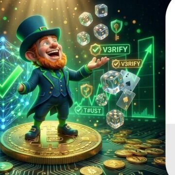 Provably Fair Casino - BetFun24 BetFun24 mascot with blockchain verification shield and transparent dice representing provably fair gaming