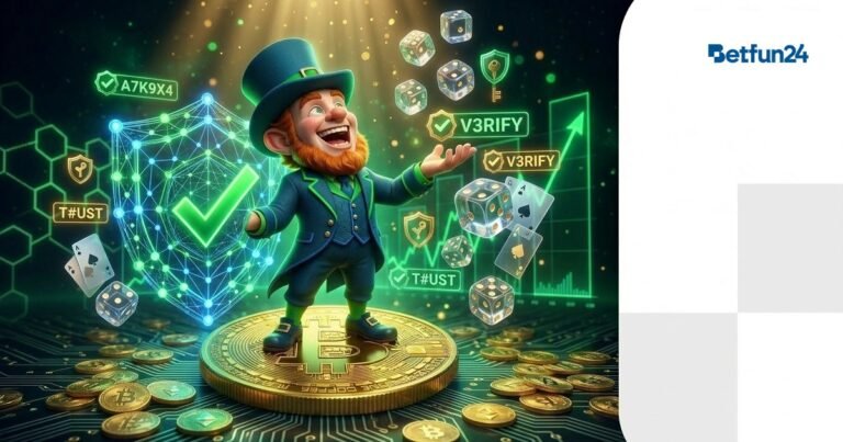 BetFun24 mascot with blockchain verification shield and transparent dice representing provably fair gaming