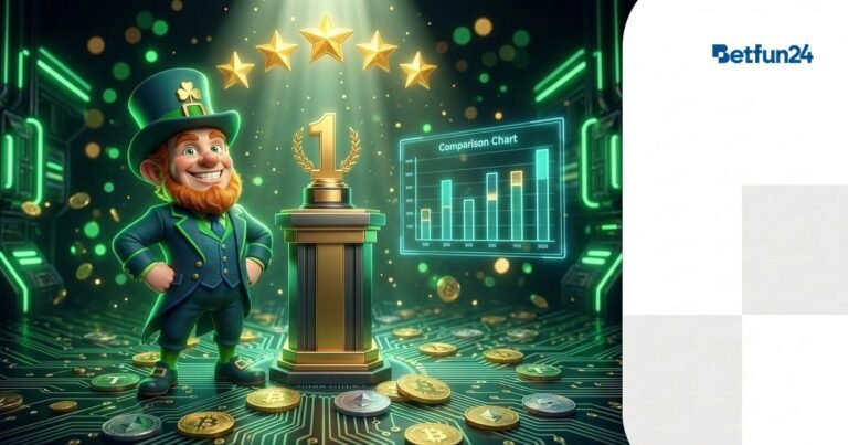 BetFun24 mascot on winner podium with trophy and five stars representing best Stake alternative