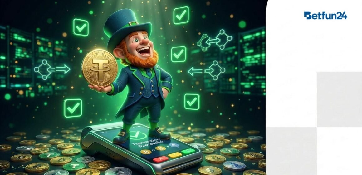 USDT Deposit Guide - BetFun24 BetFun24 mascot holding USDT Tether coin with payment terminal and blockchain transfer
