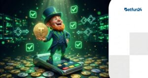 BetFun24 mascot holding USDT Tether coin with payment terminal and blockchain transfer