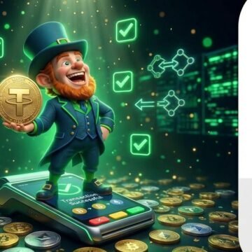 USDT Deposit Guide - BetFun24 BetFun24 mascot holding USDT Tether coin with payment terminal and blockchain transfer