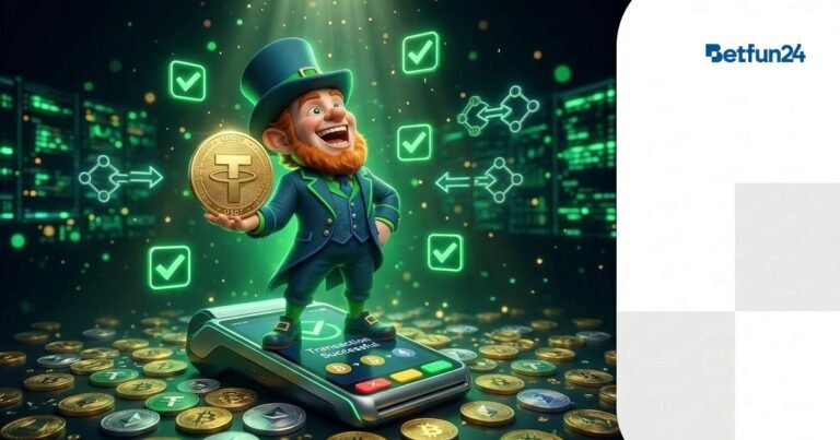 BetFun24 mascot holding USDT Tether coin with payment terminal and blockchain transfer