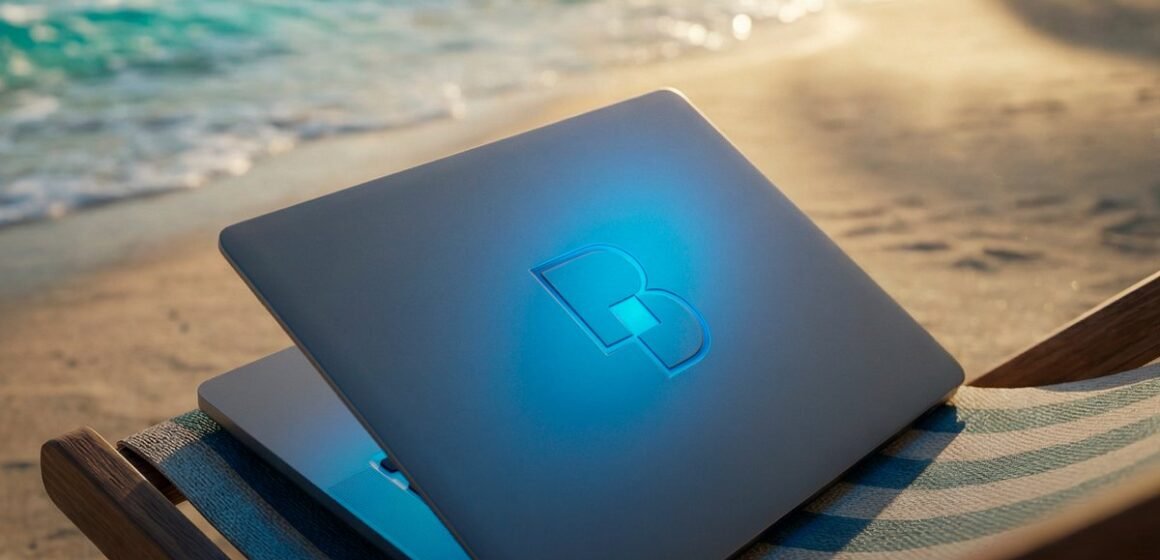 BetFun24 partner program recruitment - laptop on beach with BetFun24 logo