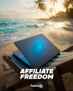 BetFun24 partner program recruitment - laptop on beach with BetFun24 logo