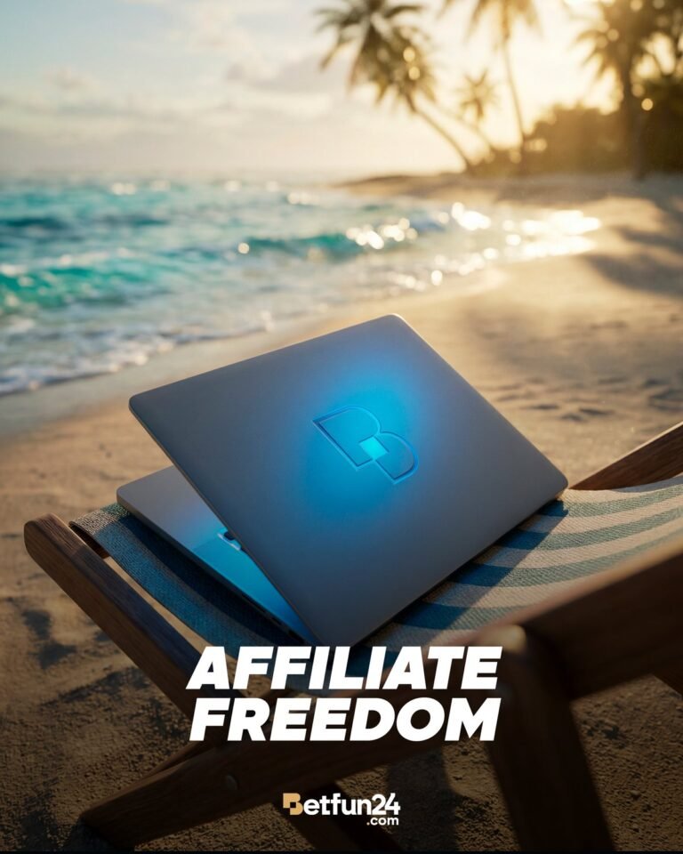 BetFun24 partner program recruitment - laptop on beach with BetFun24 logo
