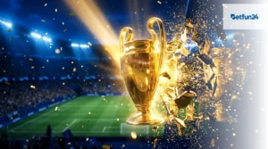 Golden Champions League trophy in a stadium with dramatic lighting and confetti