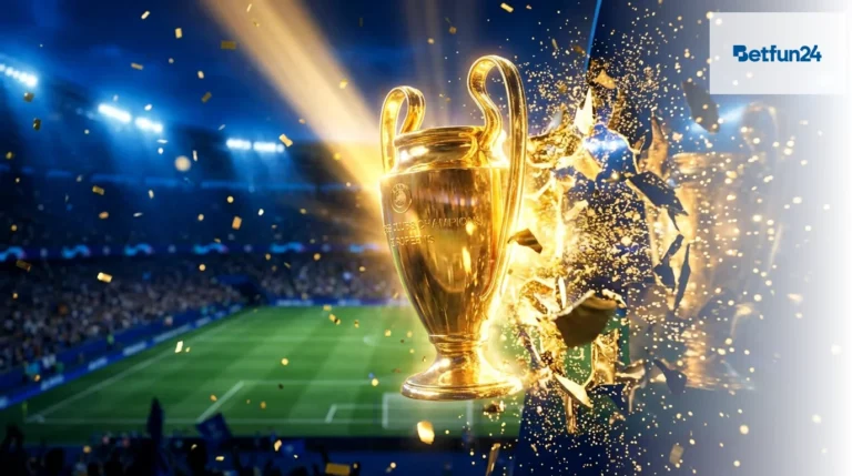 Golden Champions League trophy in a stadium with dramatic lighting and confetti